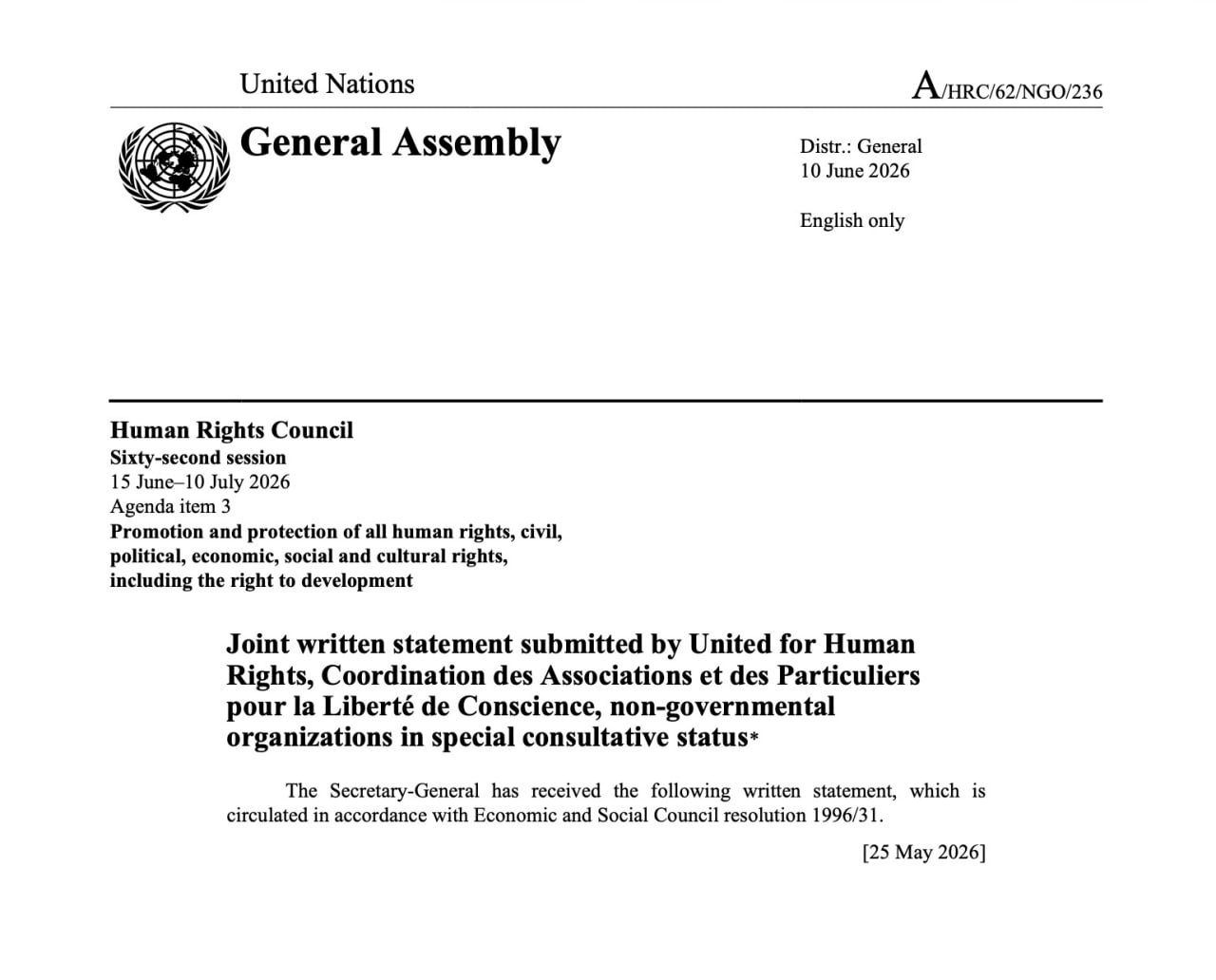 Une organisation accréditée auprès de l'ONU alerte sur les risques d'une stigmatisation internationale des minorités religieuses
